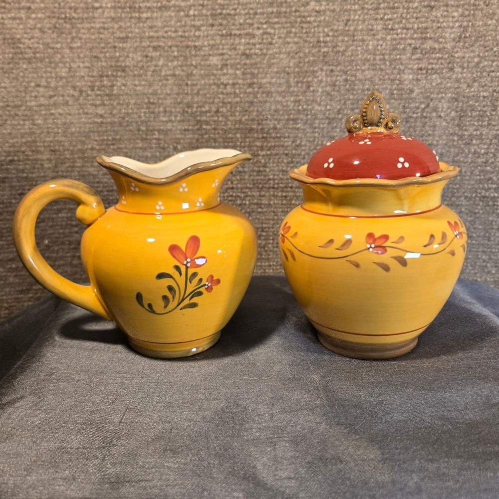 Demdaco Bienvenue Ceramic Creamer and Sugar Bowl Set Yellow‎ Floral 2003